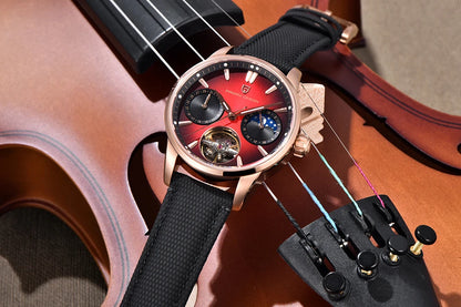 PAGANI DESIGN – Mekanisk lyxklocka för män, 41 mm, safirglas, läderarmband, vattentät, pilotstil, med tourbillon och månfas