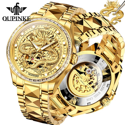 OUPINKE Orologio da uomo Top Brand di lusso in oro e acciaio al tungsteno, orologio da polso meccanico automatico originale con quadrante con motivo drago