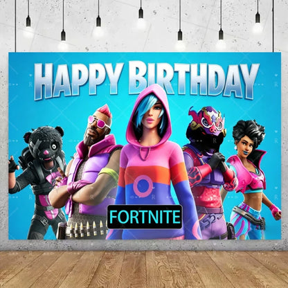 Fundo decorativo de aniversário com tema Fortnite — banner gamer Fortnite para meninos e meninas, pano de fundo para fotografia e presente para crianças