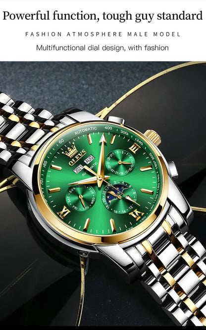 OLEVS 6633 Luxury Men's Watches Automatic Green Watch Men Stainless Steel Waterproof Business Sport Mechanical Wristwatch 6633