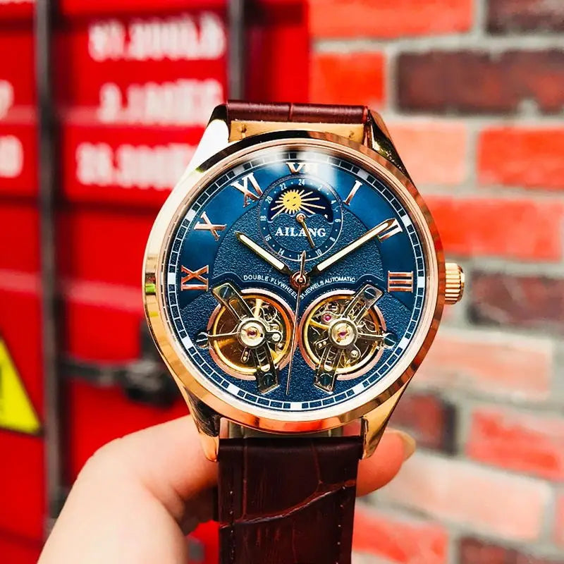 AILANG Double Tourbillon Design Business Men Mechanical Watch Fashion Leather Moon Phase Automatic Watches for Men Reloj Hombre