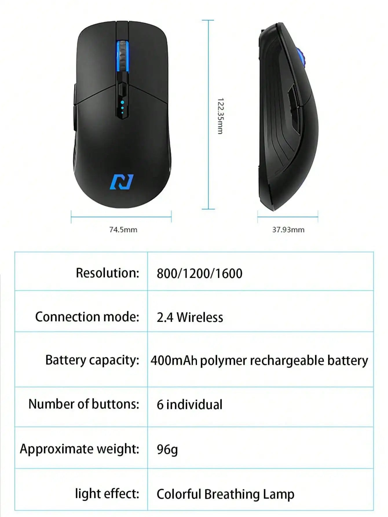 Wireless Mouse, 6 Keys, Silent Office Wireless Mouse, E-Sports Games Non-Slip Wireless Mouse