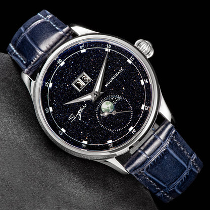 Sugess Moonphase Watch of Men 40mm Automatic Mechanical Wristwatches Seagul ST2528 Movement Stainless Steel Blue Sandstone Dial