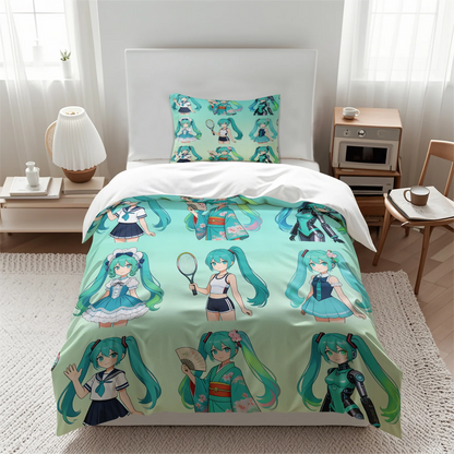 Hatsune Miku Chibi Style Duvet Cover Set Cute Anime Bedding with Pillowcases Gaming Room Teens Kids Bedroom Decor Gift for fans