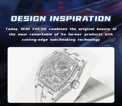 MINI FOCUS Men's Wristwatch Fashion Black Waterproof Automatic Mechanical Watch with Luminous Hands Silicone Strap Tonneau Dial