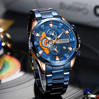 Montre homme de luxe CURREN 8402, neuve, en acier inoxydable, étanche, avec chronographe et éclairage nocturne.