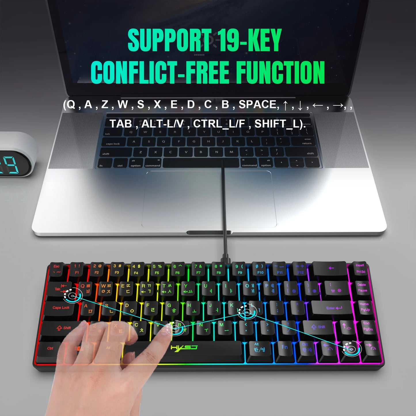 Teclado gaming de 68 teclas USB com fios portátil, retroiluminação RGB 20, teclado coreano para portáteis e computadores Windows