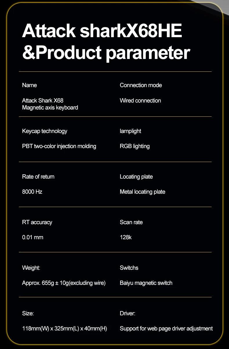 Teclado mecânico magnético ATTACK SHARK X68HE X68Pro He para gaming profissional, acionamento rápido de 0.01mm, 8000Hz, SOCD/Rs, 0.125ms, taxa de 128K