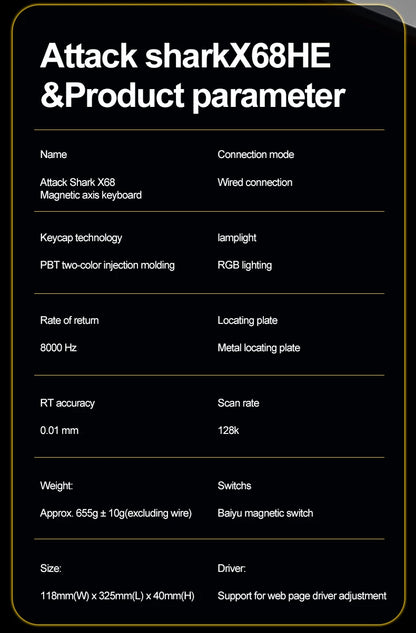 Teclado mecânico magnético ATTACK SHARK X68HE X68Pro He para gaming profissional, acionamento rápido de 0.01mm, 8000Hz, SOCD/Rs, 0.125ms, taxa de 128K
