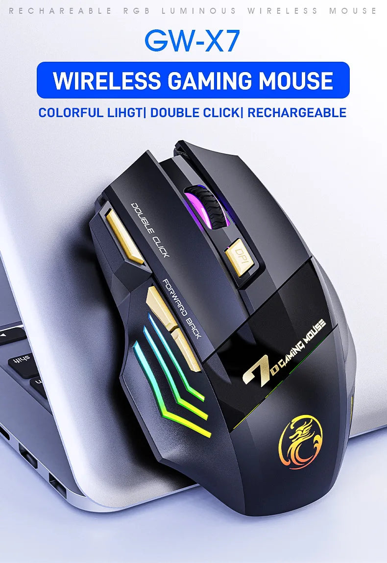 Mouse gaming wireless USB IMICE GW-X7 3200DPI dual mode ricaricabile, 7 tasti, 2.4Ghz, silenzioso, Bluetooth, LED breathing a 7 colori