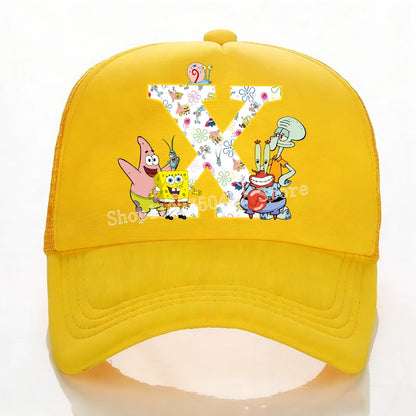 SpongeBobs Baseball Cap Kids Adult Summer Outdoor Sports Sun Hat Child Cute Letter A-Z Sunbonnet Breathable Mesh Headgear Gift