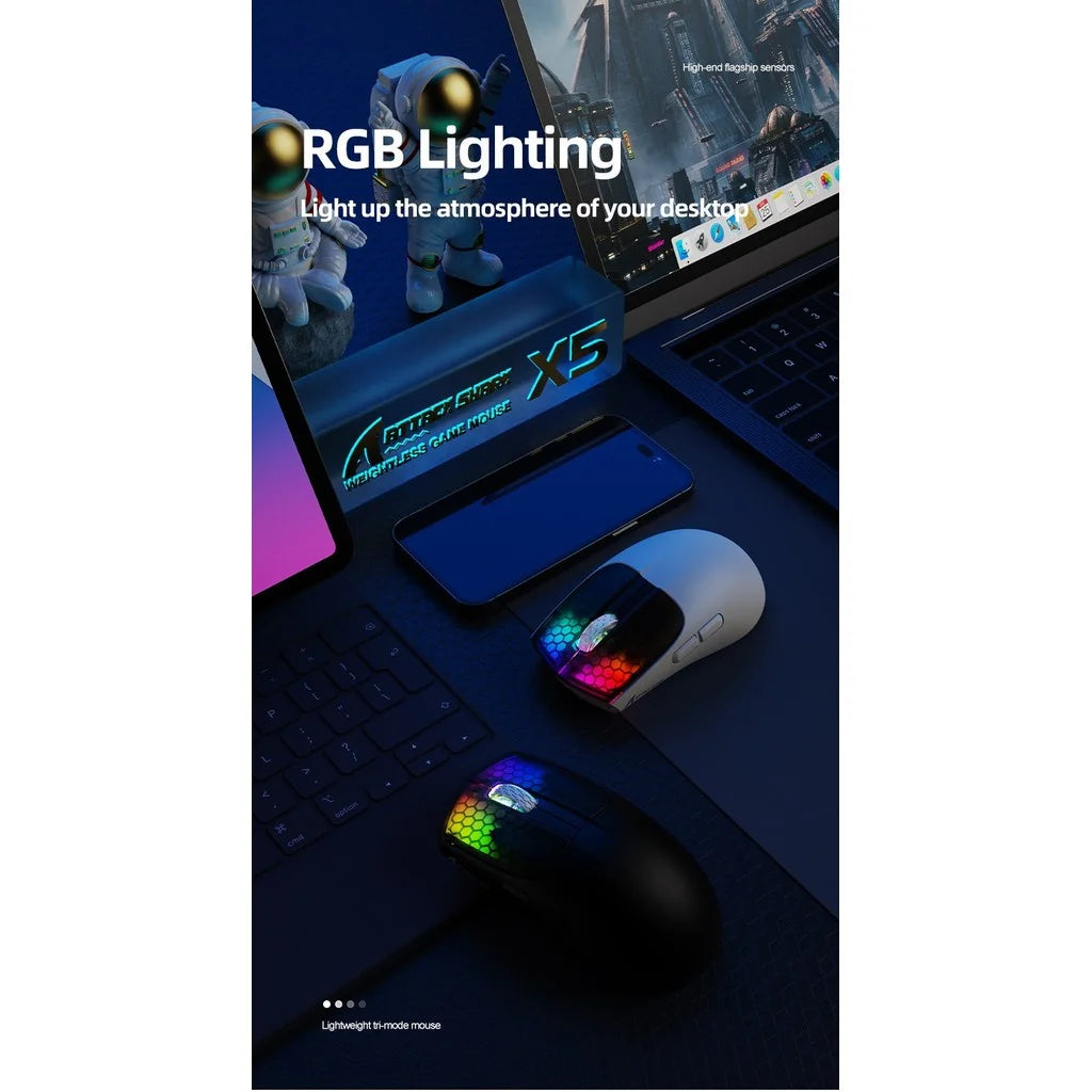 Mouse gaming wireless ATTACK SHARK X5 leggero con connessione tri-mode 2.4GHz/cablata/Bluetooth, RGB e macro