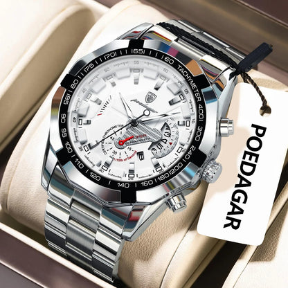 POEDAGAR luxury men’s watch, water-resistant, luminous, date display, sporty, stainless steel bracelet, quartz movement.