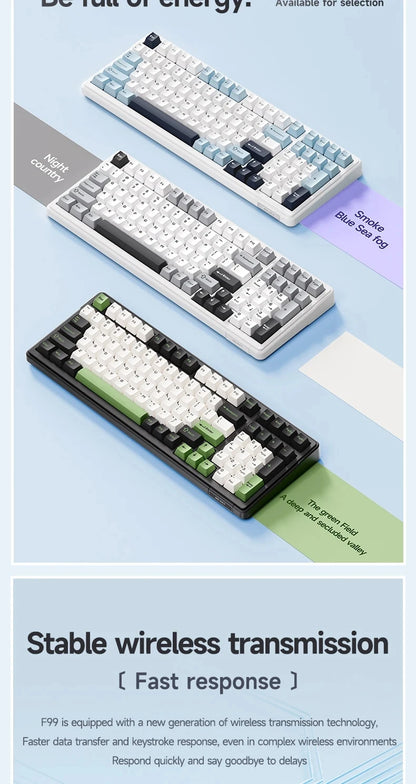 Teclado mecánico gaming Aula F99 de 99 teclas, tres modos: 2.4g inalámbrico, Bluetooth y cableado, hot swap, PBT, gasket y RGB para juegos y escritura