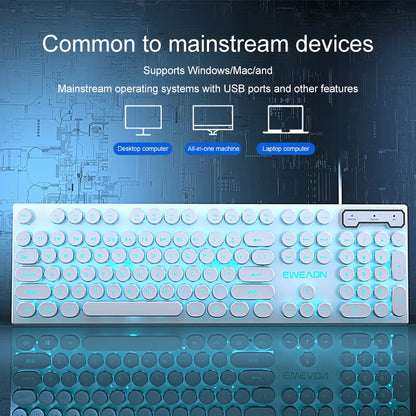 EWEADN GX330 Typewriter Gaming Keyboard, 104 Keys Wired Round Keycaps with Blue Backlit USB Wired Computer External Keyboards