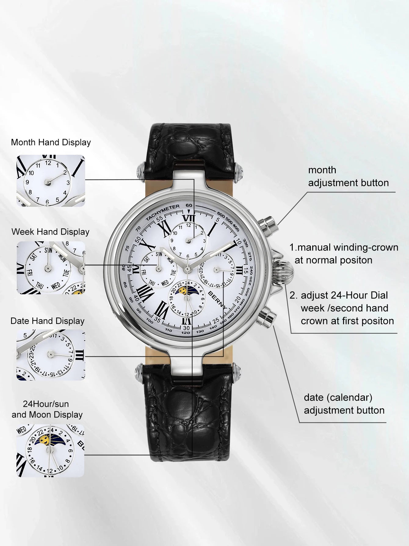 BERNY Classic Dress Automatic Watch for Men Luxury Stainless Steel Mechanical Wristwatch Leather Strap Waterproof Sliver Watches