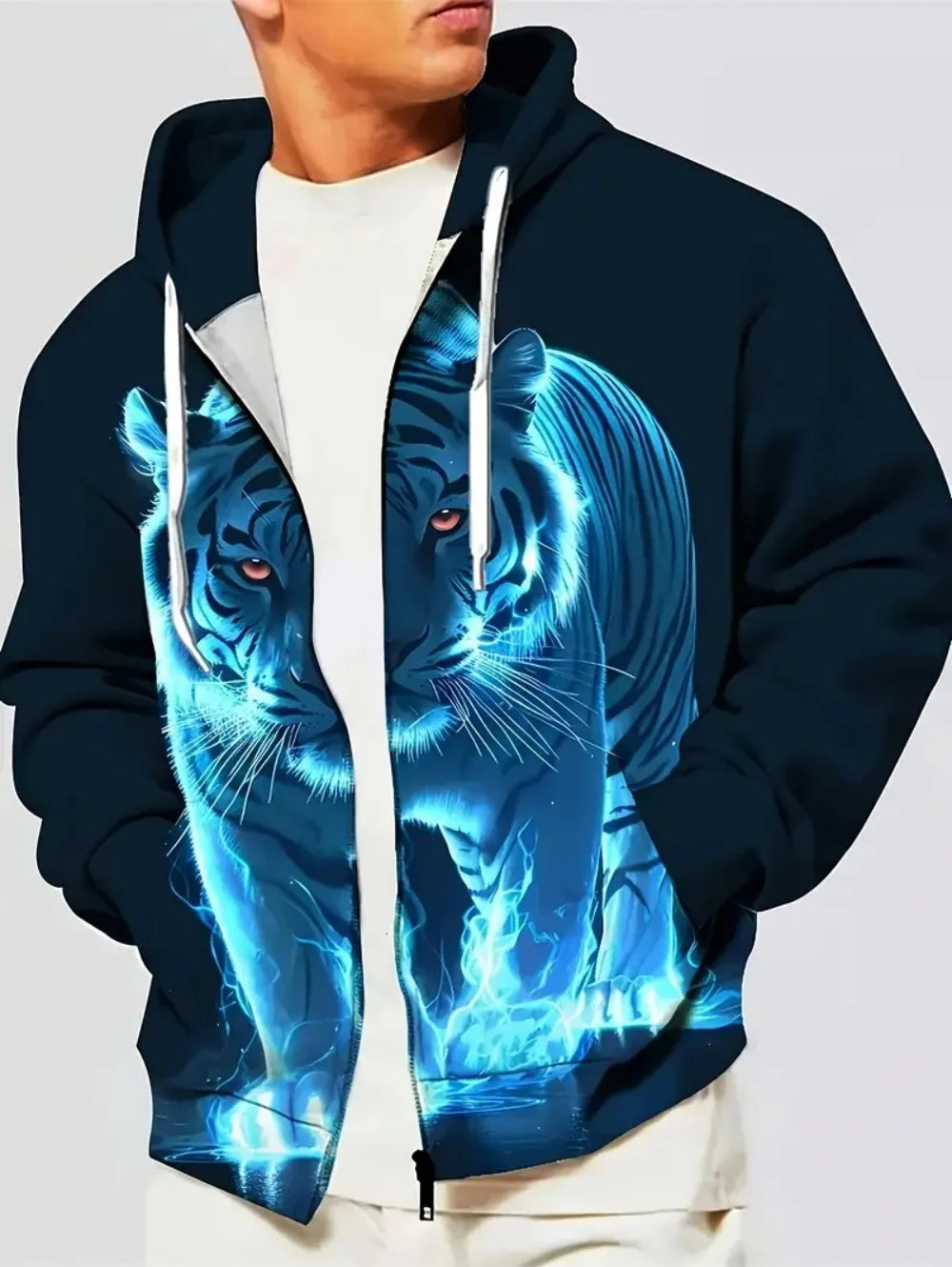 Sweatshirt com capuz e fecho para homem 2025, manga comprida, gráfico de tigre, estilo casual outdoor, com cordão e bolsos