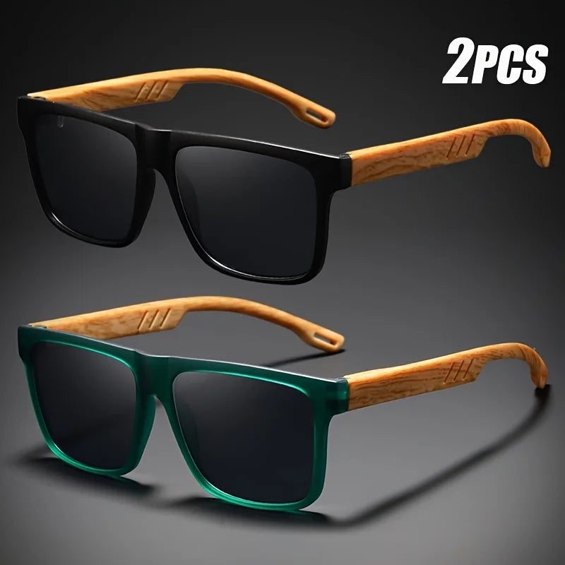 1/2pcs New Square Casual Sunglasses Wood Grain Spring Hinges UV400 Protection Unisex Outdoor Daily Eyewear