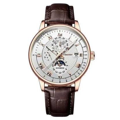Men’s Luxury Sport Quartz Watch -  Waterproof Luminous Dial, Leather Strap & Date Display