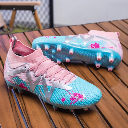 AG/FG Long Studs Soccer Shoes, PU Fabric Mixed Upper, TPU Sole Wear-Resistant Anti-Slip, Men Women Kids Youth Outdoor Sports