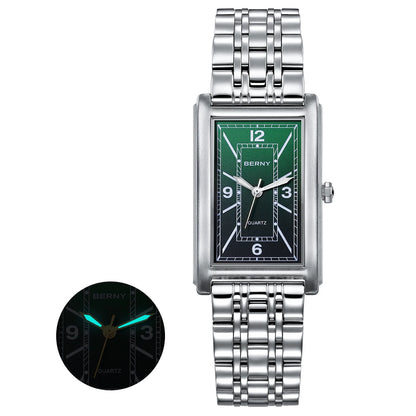 BERNY square men’s watch – Quartz movement, Roman numeral dial, luminescent display, 316L stainless steel case – An elegant and casual rectangular watch