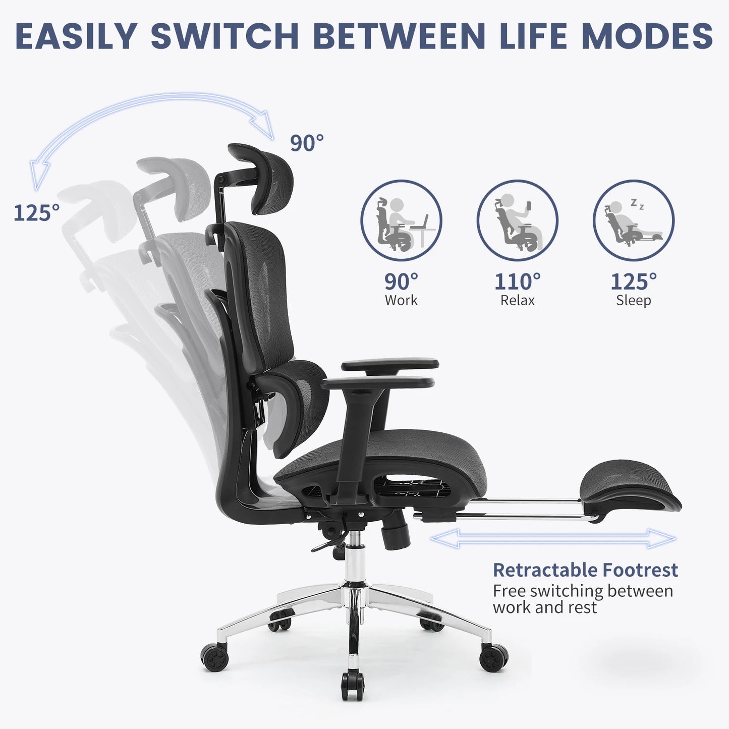 Ergonomic Office Chair High Back Mesh Desk Chair with Footrest, Dynamic Lumbar Support, Adjustable Headrest, Reclining Computer Chair