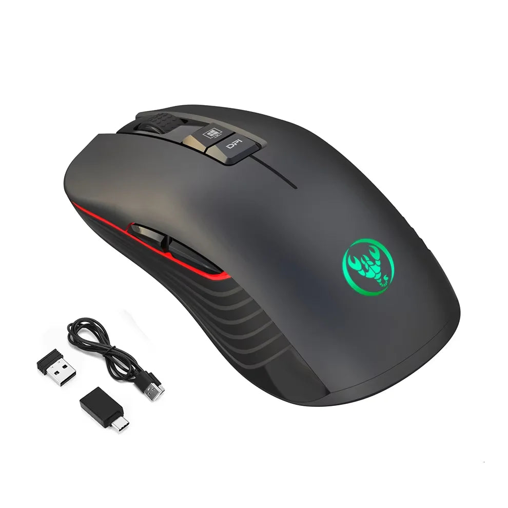 Rato sem fios USB recarregável para destros, com Type-C, para computador portátil, clique silencioso, retroiluminação gaming e 3600cpi
