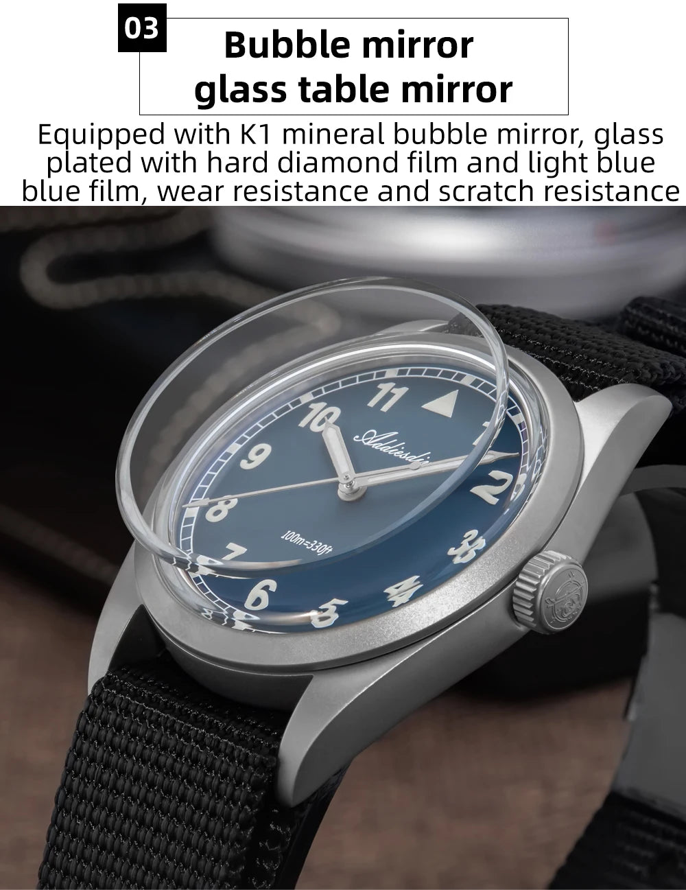 ADDIESDIVE 36mm Men's Analog Watch Bubble Mirror Glass 100m Waterproof Luminous Watch Simple men Quartz Watches with Nylon Strap