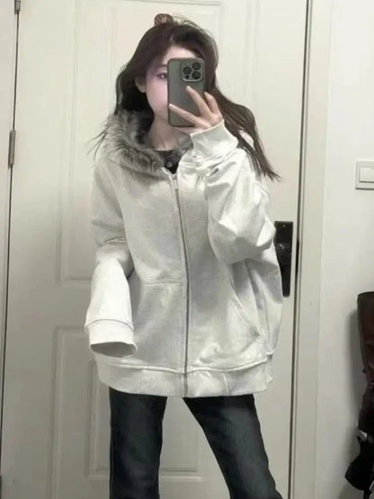 American Vintage Black Faux Fur Sweatshirts Women Letter Printed Subculture Coats with Hooded Female Gothic Harajuku Jackets Y2k, produit gaming premium Fraquane