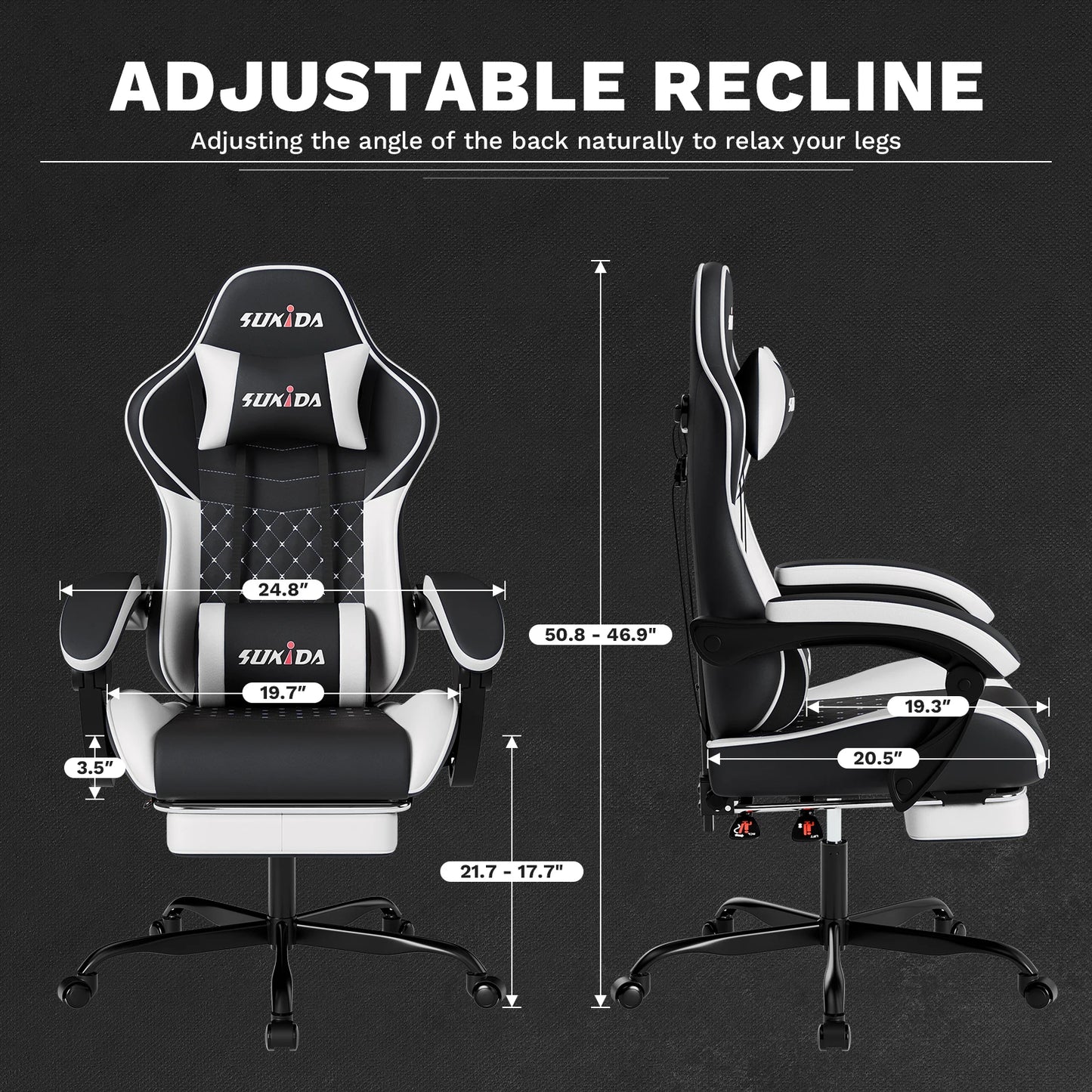 SUKIDA Ergonomic Gaming Chair with Footrest, Lumbar Support Computer Chair, Comfortable Office Chair with Adjustable Reclining Backrest