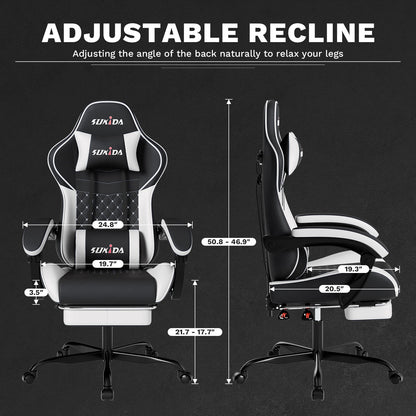 SUKIDA Ergonomic Gaming Chair with Footrest, Lumbar Support Computer Chair, Comfortable Office Chair with Adjustable Reclining Backrest