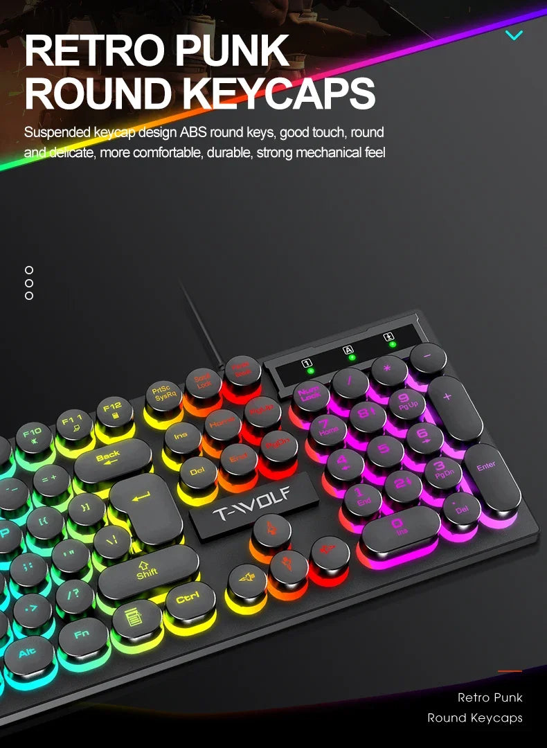 T80 Gaming Mechanical Feel Keyboard Wired 104 Keys Keyboard USB Retro Punk Game Office Suspended Keycap Cool RGB Lighting Effect