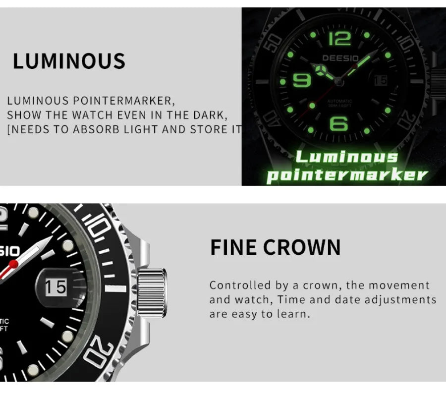 DEESIO Men's Automatic Mechanical Watch Stainless Steel Luminous Date Sports Casual Luxury Watch Gift for Men Sapphire Crystal