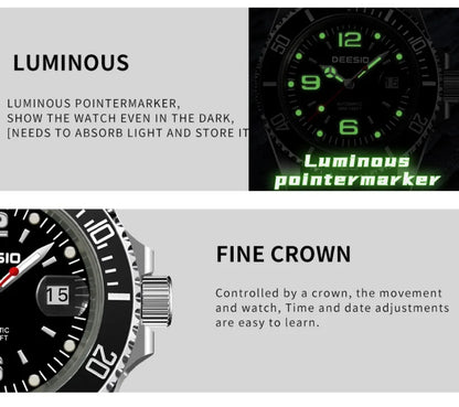 DEESIO Men's Automatic Mechanical Watch Stainless Steel Luminous Date Sports Casual Luxury Watch Gift for Men Sapphire Crystal