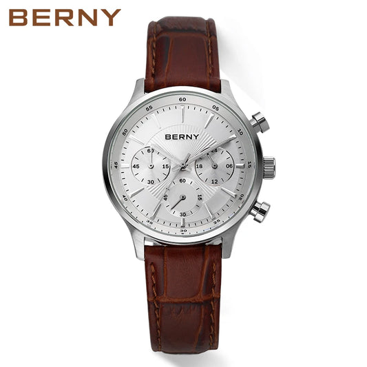 BERNY 24H Chronograph Watch for Men Luxury VD54 Watches Fashion Waterproof Genuine Leather Strap Quartz Sport Men's Wristwatch