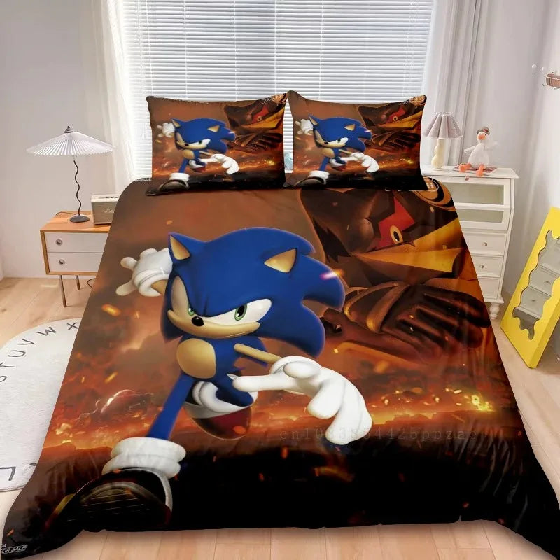 Conjunto de capa de edredão Sonic de 2/3 peças para crianças, conjunto de roupa de cama com capa de edredão para decoração de quarto, adolescentes e presentes para crianças, cama individual ou de casal