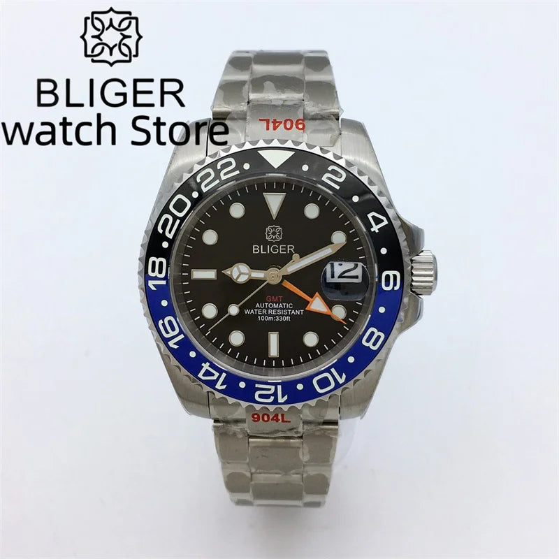 BLIGER 40mm NH34 GMT Watch For Men Mechanical Wristwatch Luminous Bezel Sapphire Glass Stainless Steel Bracelet Men's Watch