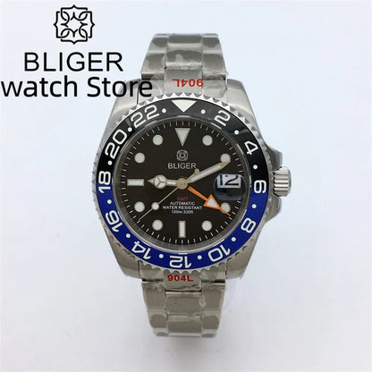 BLIGER 40mm NH34 GMT Watch For Men Mechanical Wristwatch Luminous Bezel Sapphire Glass Stainless Steel Bracelet Men's Watch