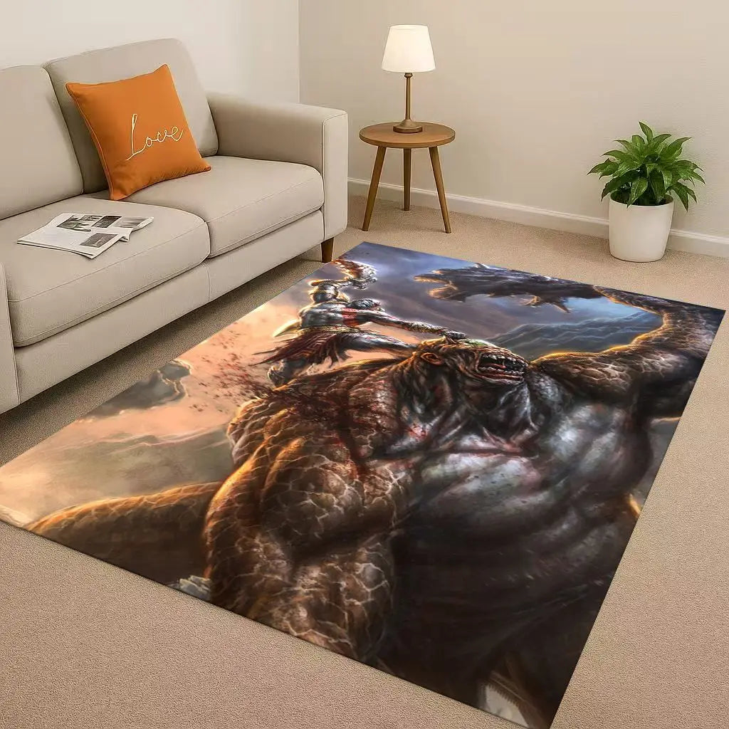 Game God of War Kratos Cartoon Gamer Living Room Non-Slip Area Rug Soft Carpet for Bedroom Playroom Sofa,Easy Clean Home Doormat