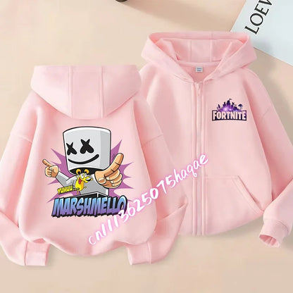 Nuova felpa con cappuccio autunnale per bambini Fortnite, giacca con zip e stampa personaggio cartoon del gioco, cappotto invernale per ragazzi