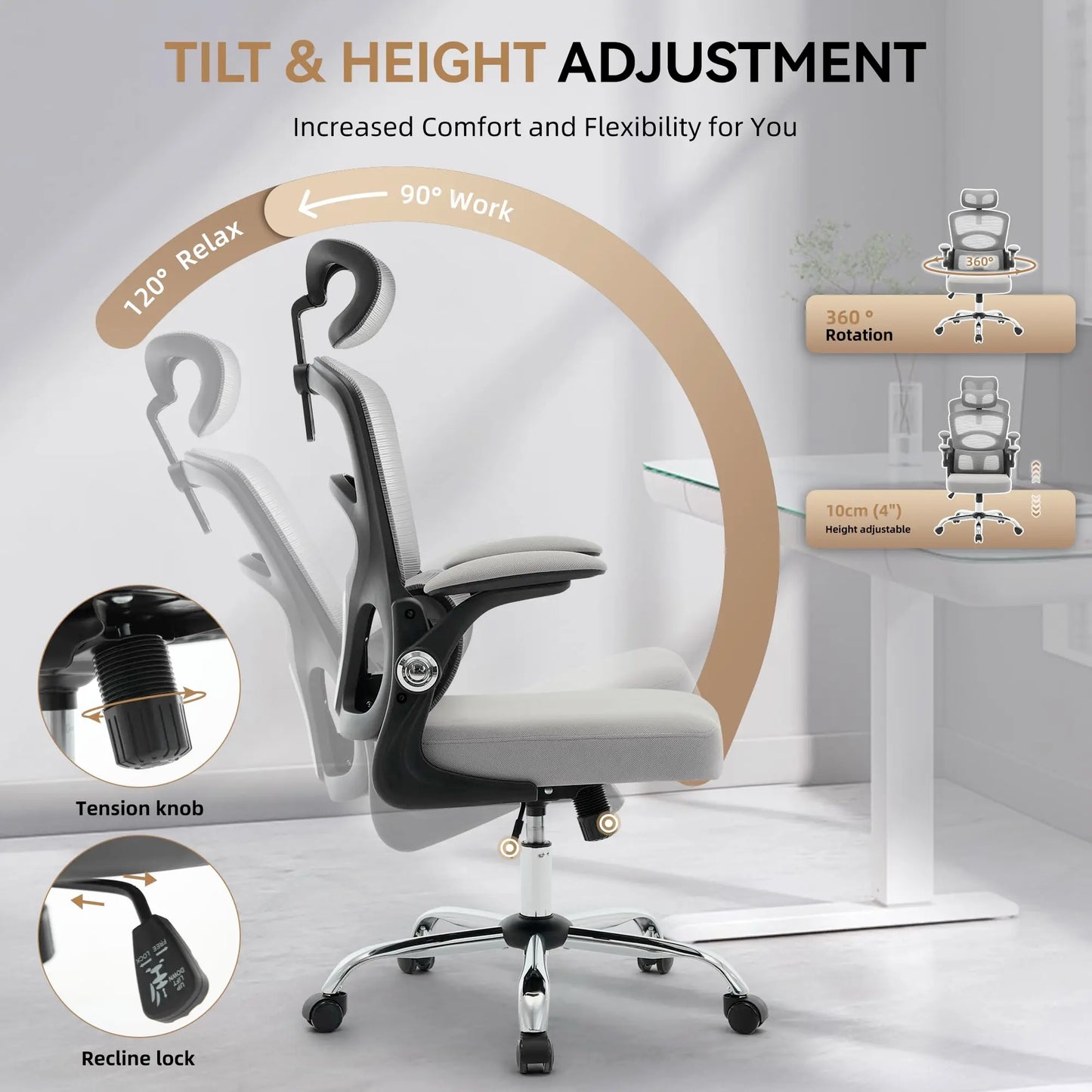 Ergonomic High-Back Mesh Chair Adjustable Headrest Lumbar Support 360° Swivel Rolling Computer Gaming Chairs for Home Office