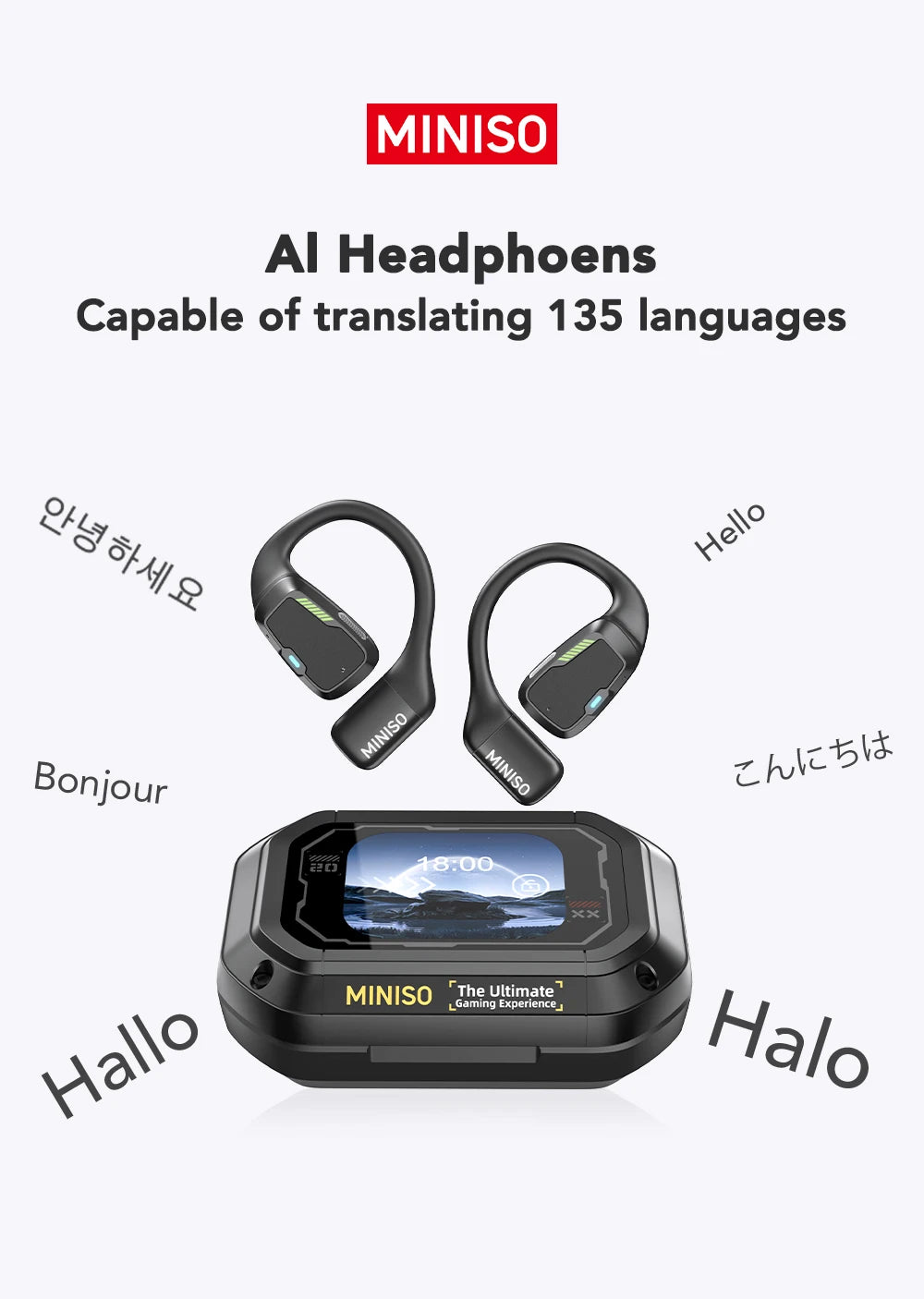 AI MINISO M98 Wireless Headphones OWS Bluetooth Earphones with AI Translator, Gaming Headset, Open Ear Sports Earbuds, LCD Touch Screen IPX5 Waterproof