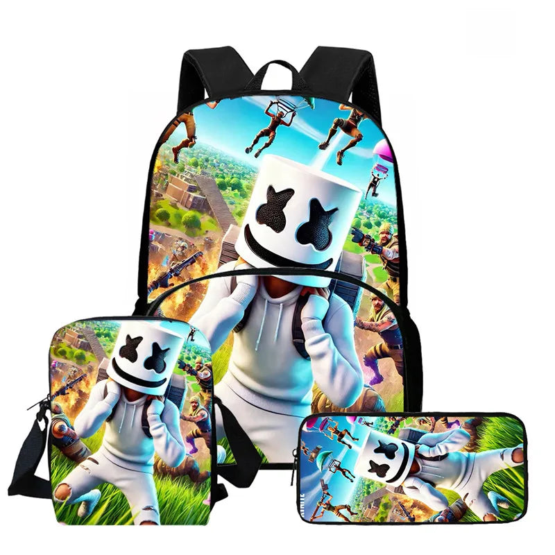 Fortnite Cartoon 3Pcs Backpack Set Unisex for Boys Girls, Backpack with Front Pocket, Crossbody Bag & Pencil Case, Best Gift