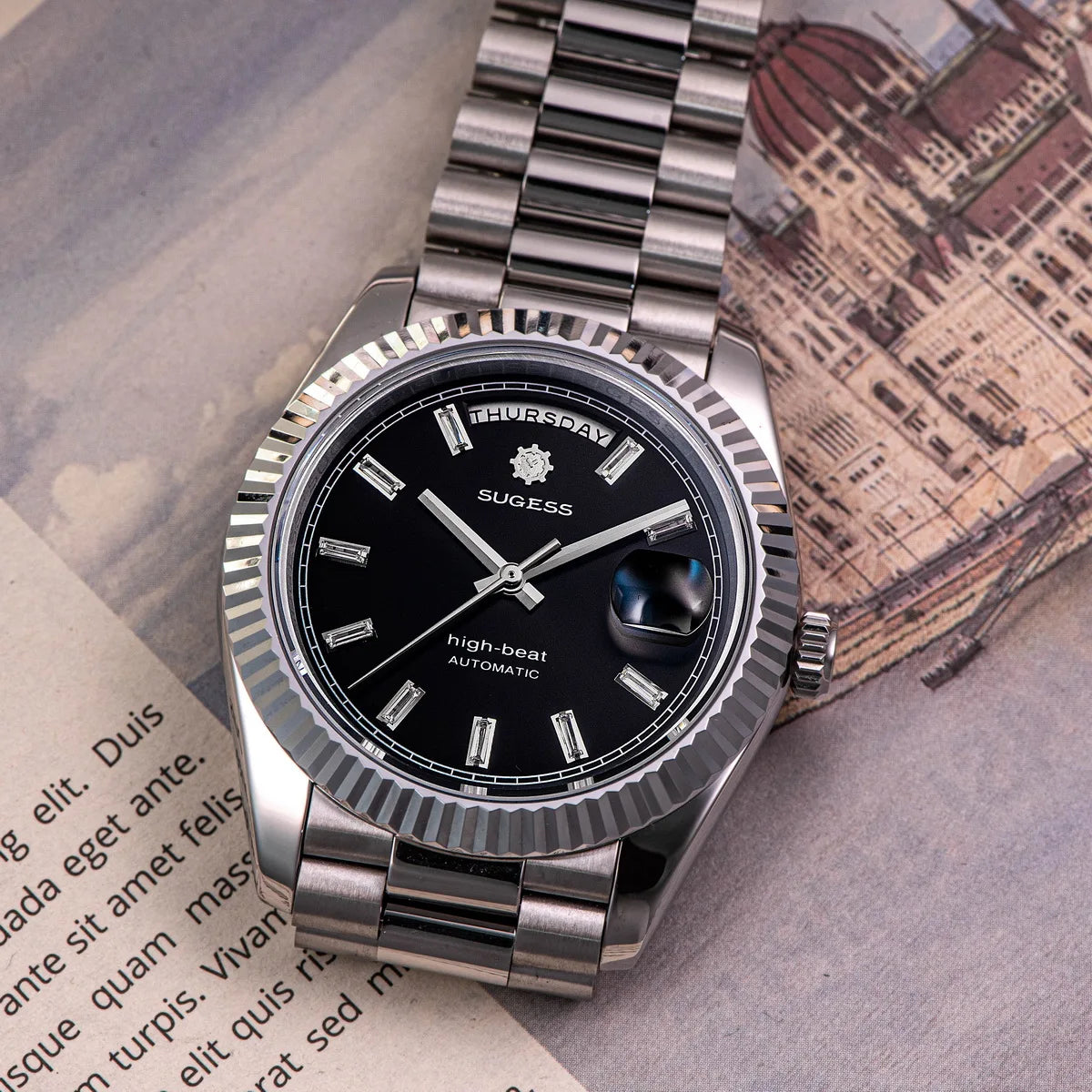 Sugess 40mm Men's Watches Automatic Date Mechanical Day Wristwatch Peacock SL3034 Movement Sapphire Waterproof Luxury Retro New