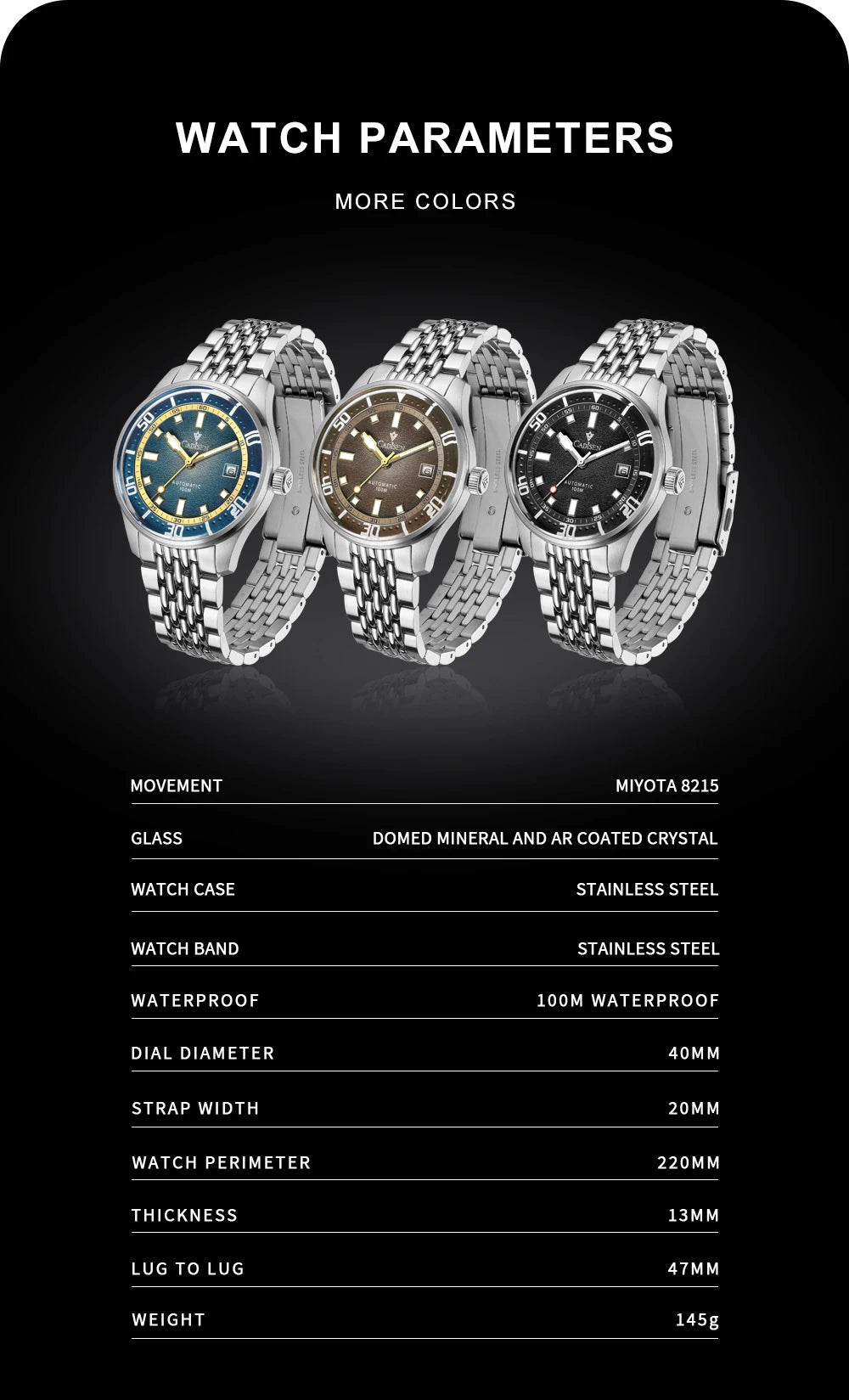 CADISEN Automatic Mechanical Watch Man Silver Business Casual Waterproof Watch Japan MIYOTA 8215 Movement Domed Glass Mens Watch