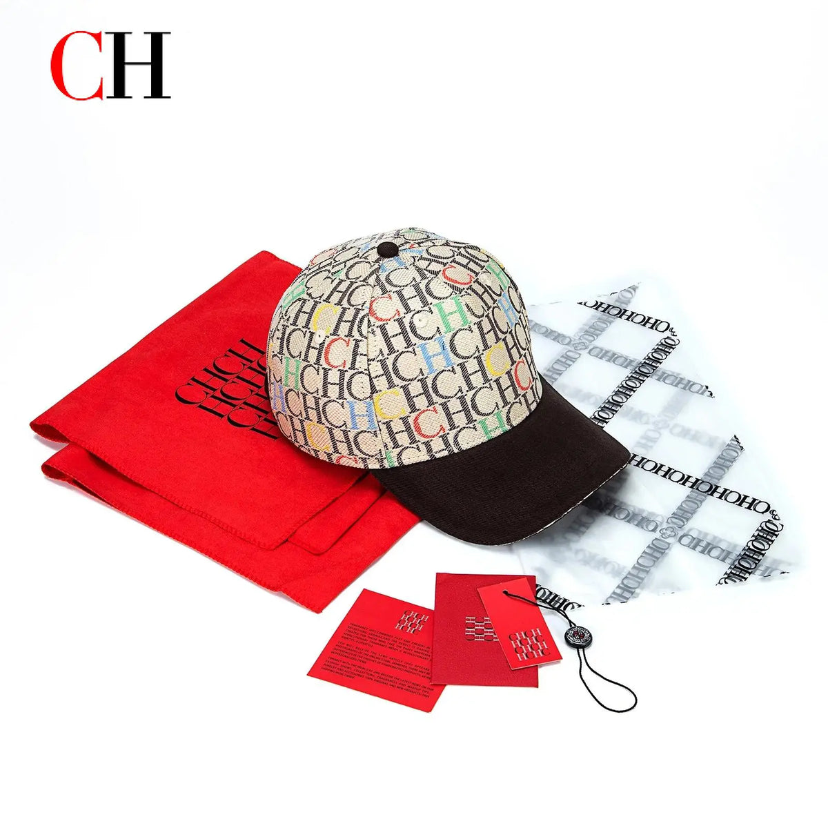 Șapcă de baseball cu imprimeu monogramă CH, structurată, ajustabilă, unisex, tip „dad hat”, cu vizieră de soare, stil streetwear, din țesătură neagră, șapcă casual
