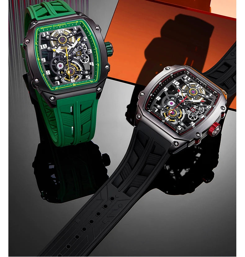 STARKING Luxury Men’s Automatic Mechanical Watch Skeleton Dial Silicone Band Tonneau Design Waterproof Luminous Sport Wristwatch