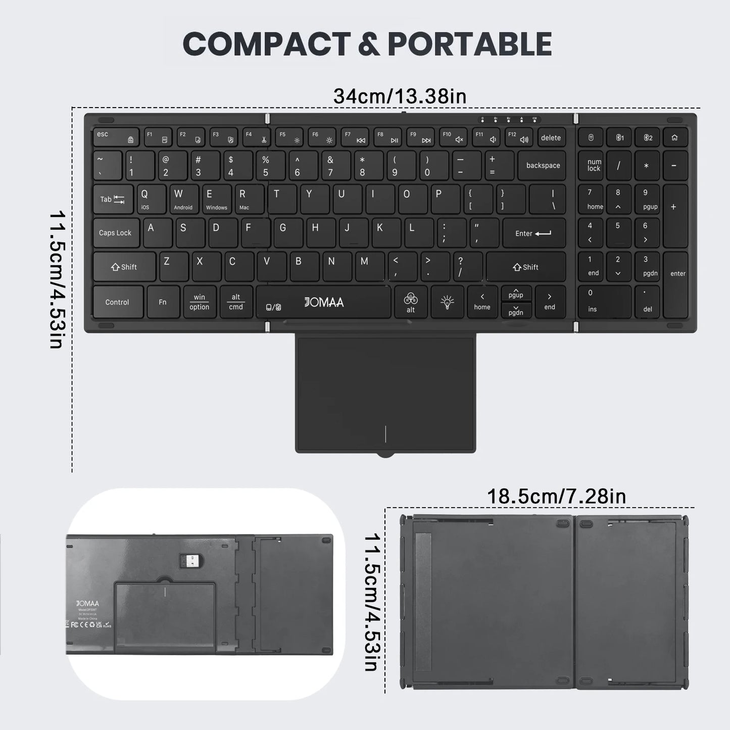 Teclado plegable Jomaa retroiluminado de tamaño completo Bluetooth+USB inalámbrico con panel táctil y teclado numérico para portátil Windows