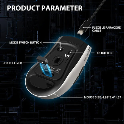 Rato Gaming Sem Fios ATTACK SHARK X5 49g, Bluetooth Tri-Mode, Sensor Ótico PixArt para PC/MAC/Windows