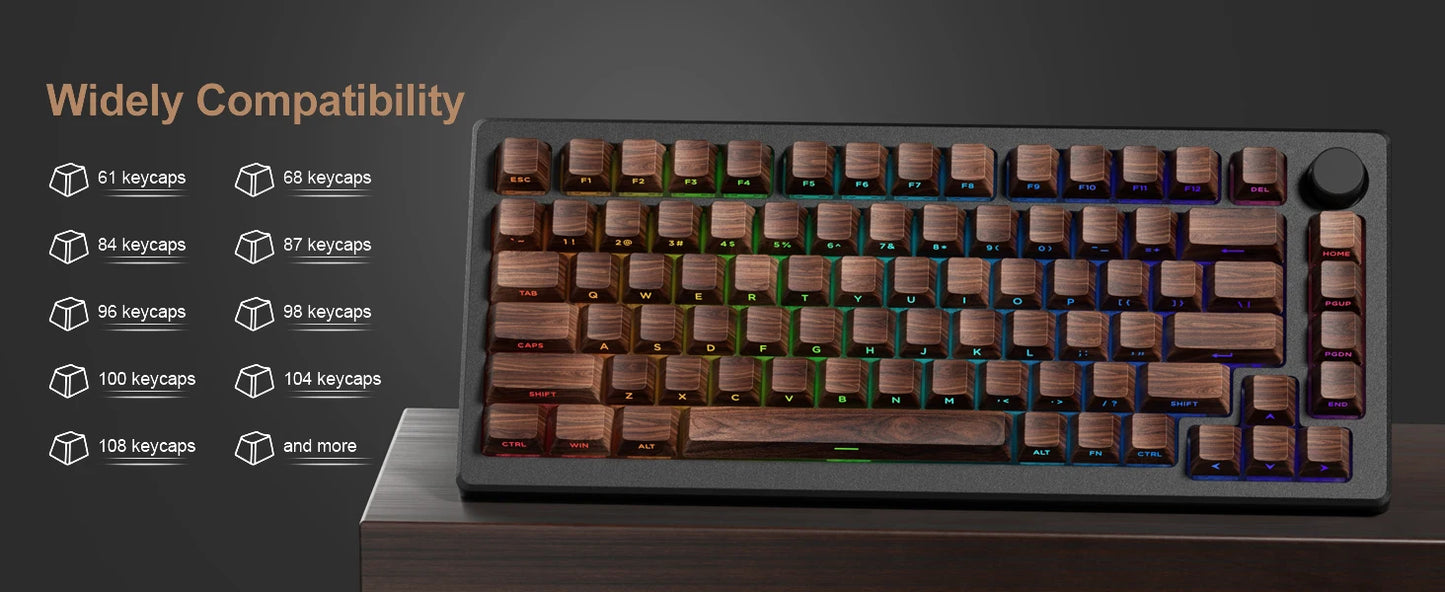 Grano de madera, tecla translúcida de cerezo con grabado lateral en PBT, 126 teclas, personalizada para teclado mecánico 60/84/98/108